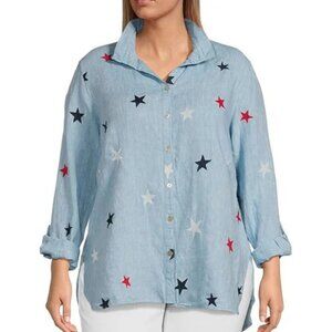 John Mark Stars Patriotic Embroidered Wire Collar Linen Button Shirt PXL